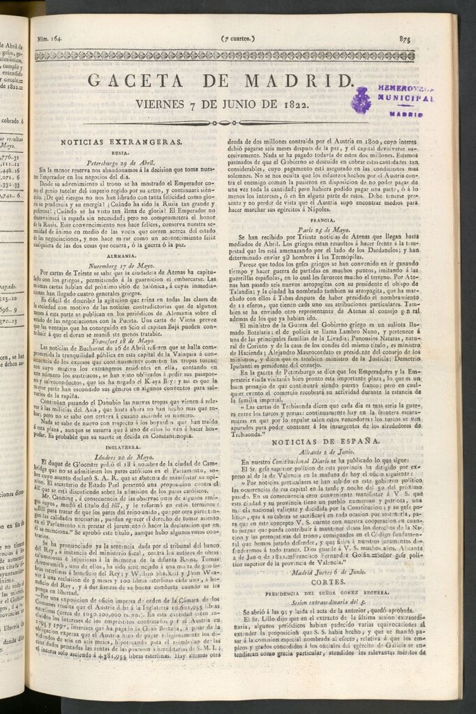 Miniatura de Gaceta de Madrid del 7 de junio de 1822