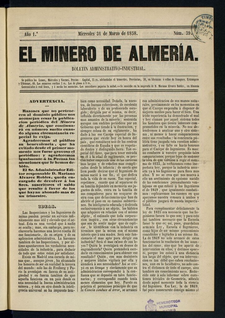 Miniatura de El Minero de Almería : boletín administrativo-industrial del 31 de marzo de 1858