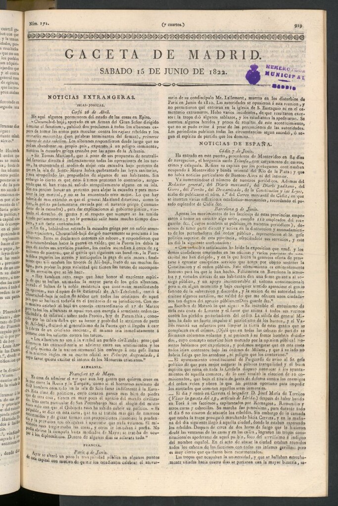 Miniatura de Gaceta de Madrid del 15 de junio de 1822