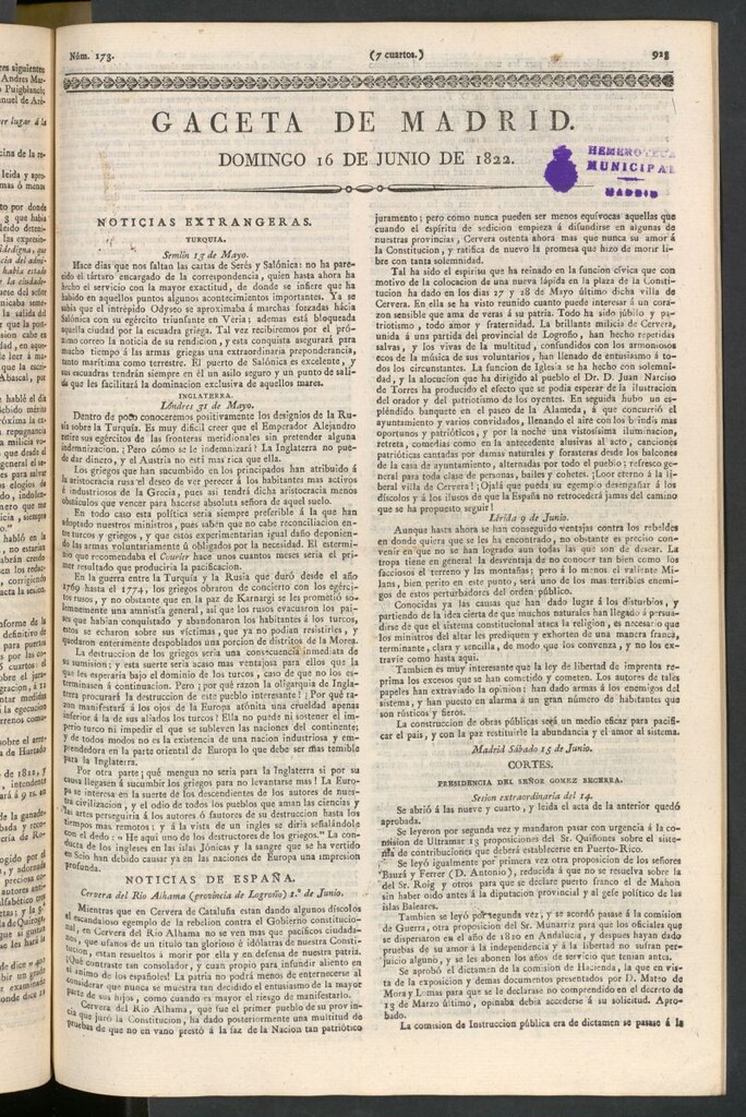 Miniatura de Gaceta de Madrid del 16 de junio de 1822