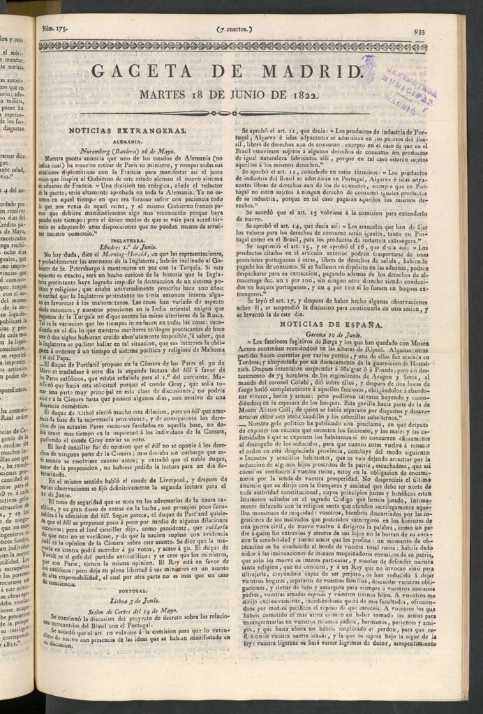 Miniatura de Gaceta de Madrid del 18 de junio de 1822