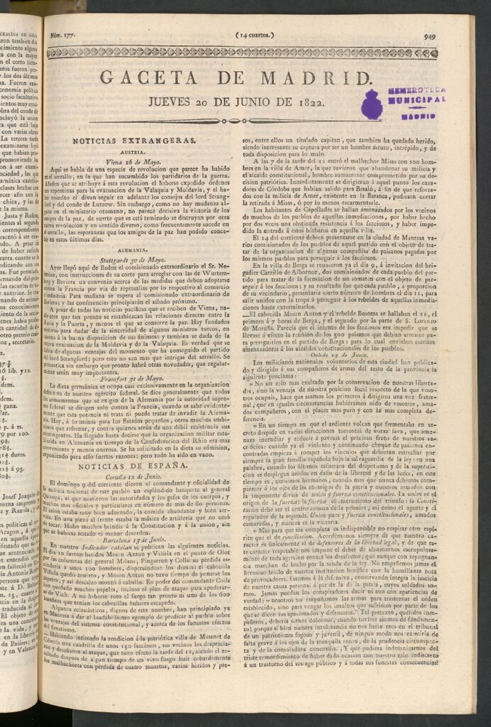 Miniatura de Gaceta de Madrid del 20 de junio de 1822