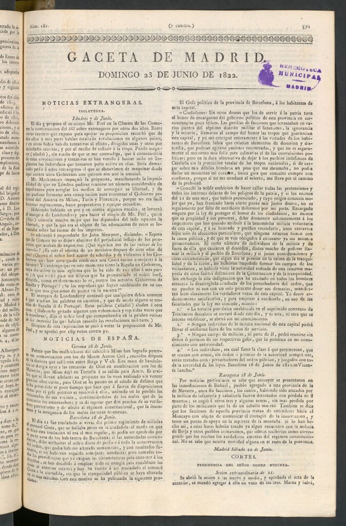 Miniatura de Gaceta de Madrid del 23 de junio de 1822