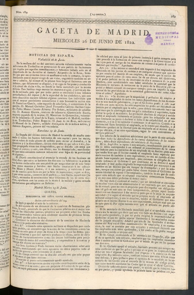 Miniatura de Gaceta de Madrid del 26 de junio de 1822