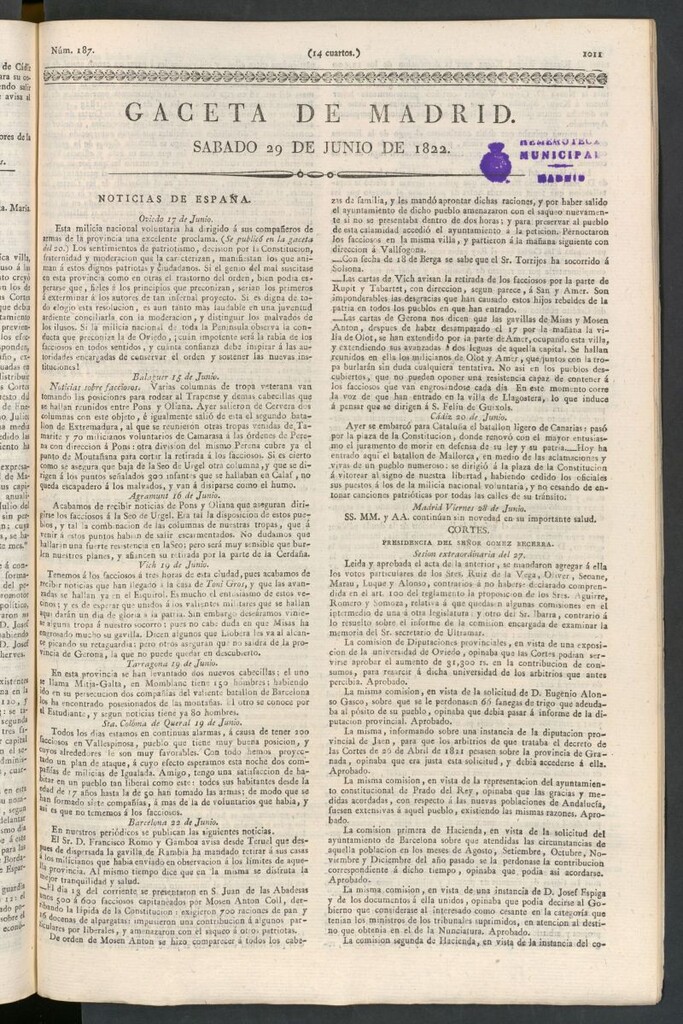 Miniatura de Gaceta de Madrid del 29 de junio de 1822
