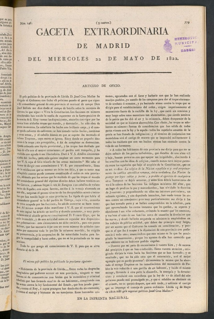 Miniatura de Gaceta de Madrid del 22 de mayo de 1822. Gaceta extraordinaria