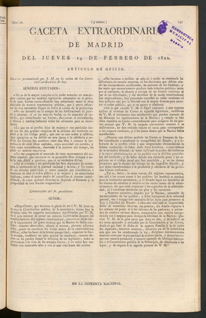 Miniatura de Gaceta de Madrid del 14 de febrero de 1822. Gaceta extraordinaria
