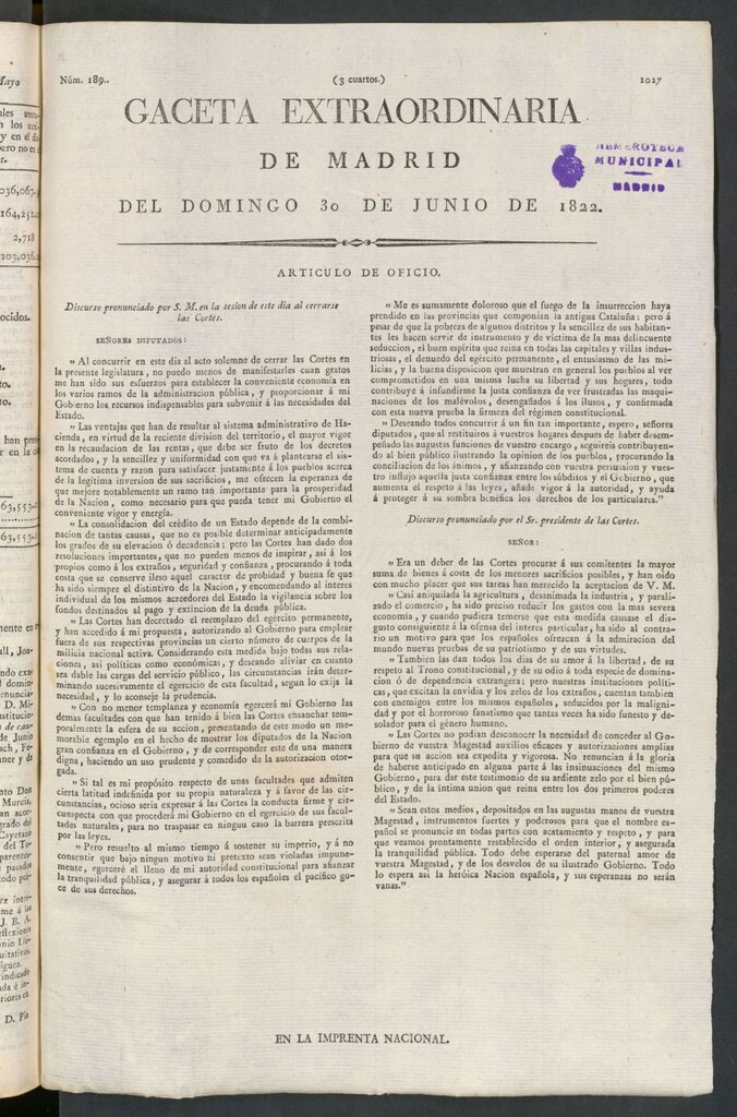 Miniatura de Gaceta de Madrid del 30 de junio de 1822. Gaceta extraordinaria