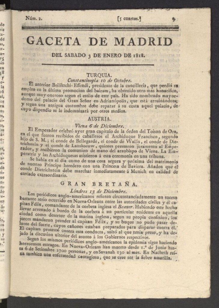 Miniatura de Gacetas de Madrid del 3 de enero de 1818