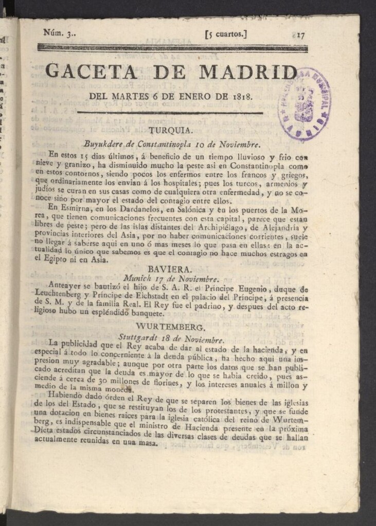 Miniatura de Gacetas de Madrid del 6 de enero de 1818