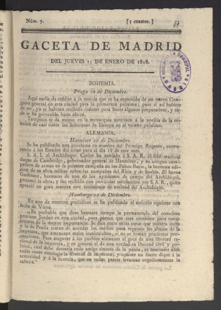 Miniatura de Gacetas de Madrid del 15 de enero de 1818