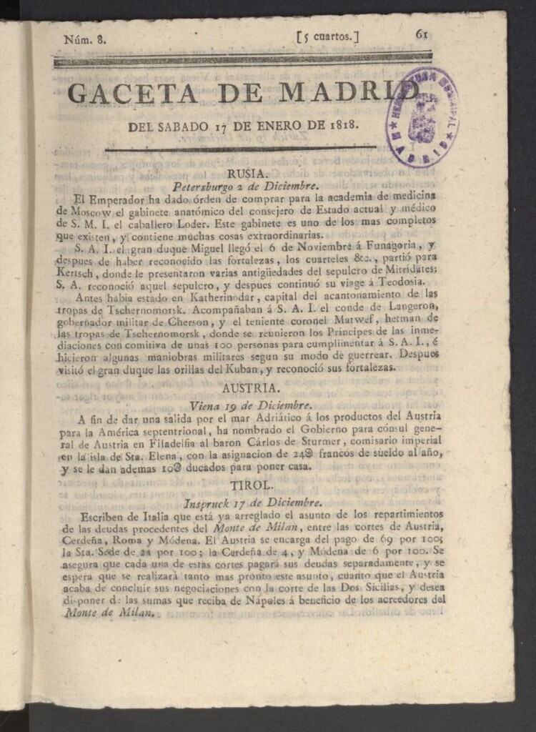 Miniatura de Gacetas de Madrid del 17 de enero de 1818