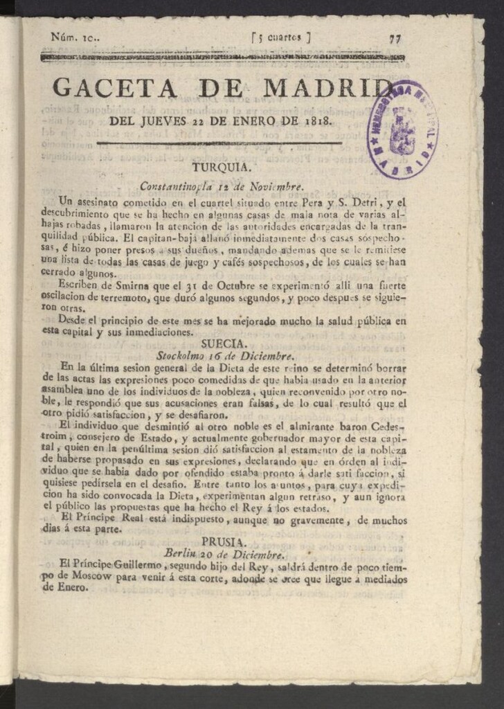 Miniatura de Gacetas de Madrid del 22 de enero de 1818