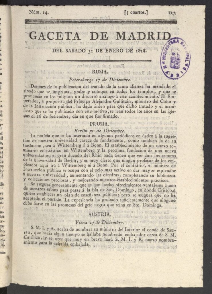 Miniatura de Gacetas de Madrid del 31 de enero de 1818