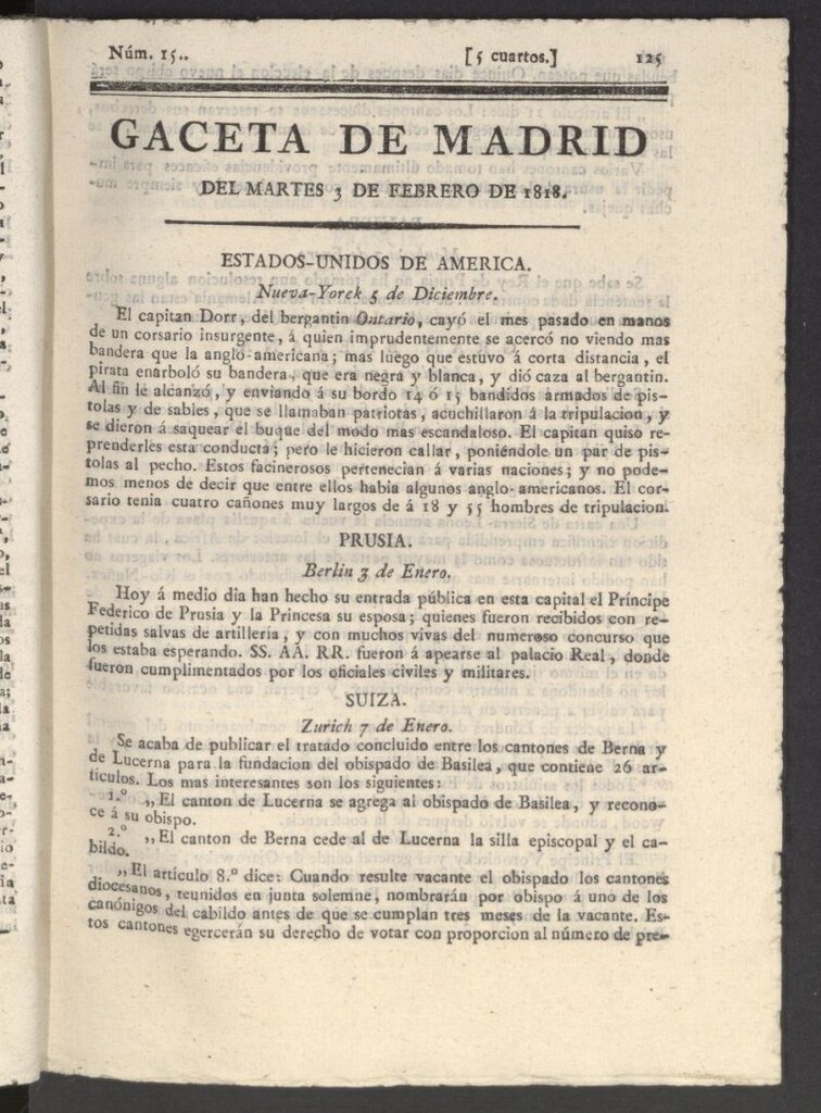 Miniatura de Gacetas de Madrid del 3 de febrero de 1818
