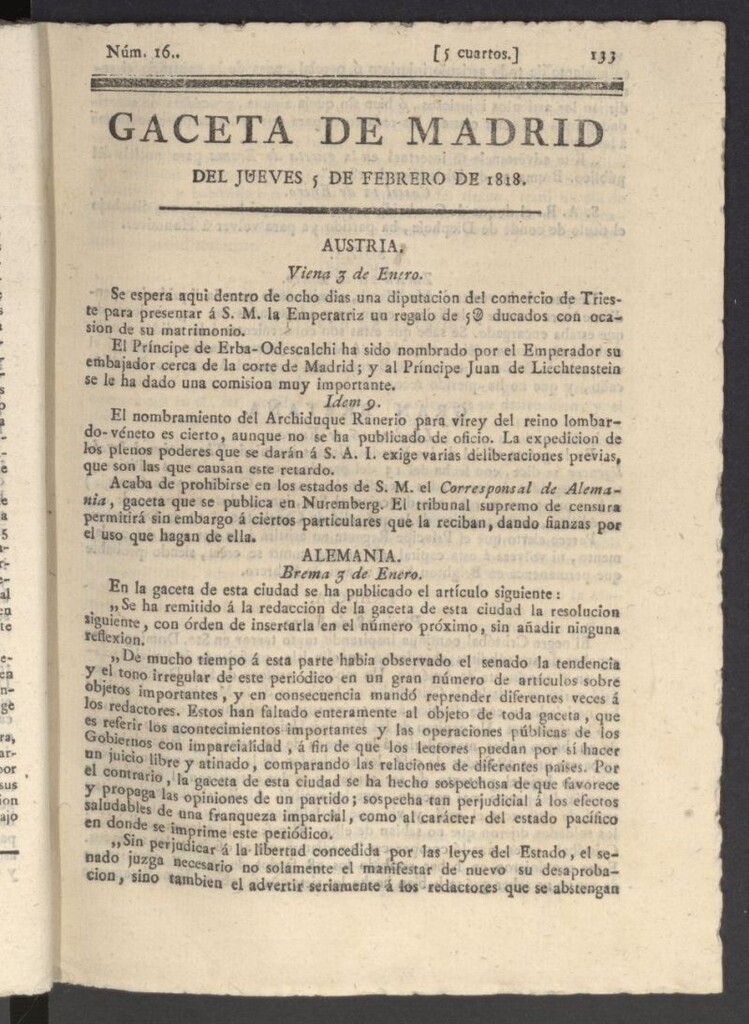Miniatura de Gacetas de Madrid del 5 de febrero de 1818