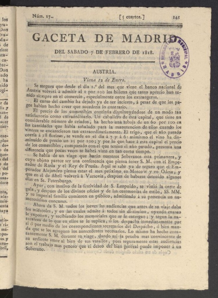 Miniatura de Gacetas de Madrid del 7 de febrero de 1818