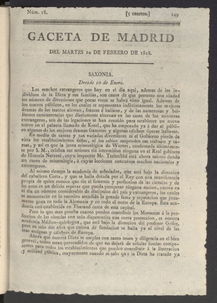 Miniatura de Gacetas de Madrid del 10 de febrero de 1818