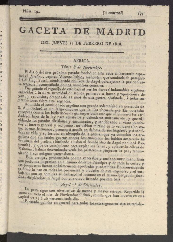 Miniatura de Gacetas de Madrid del 12 de febrero de 1818