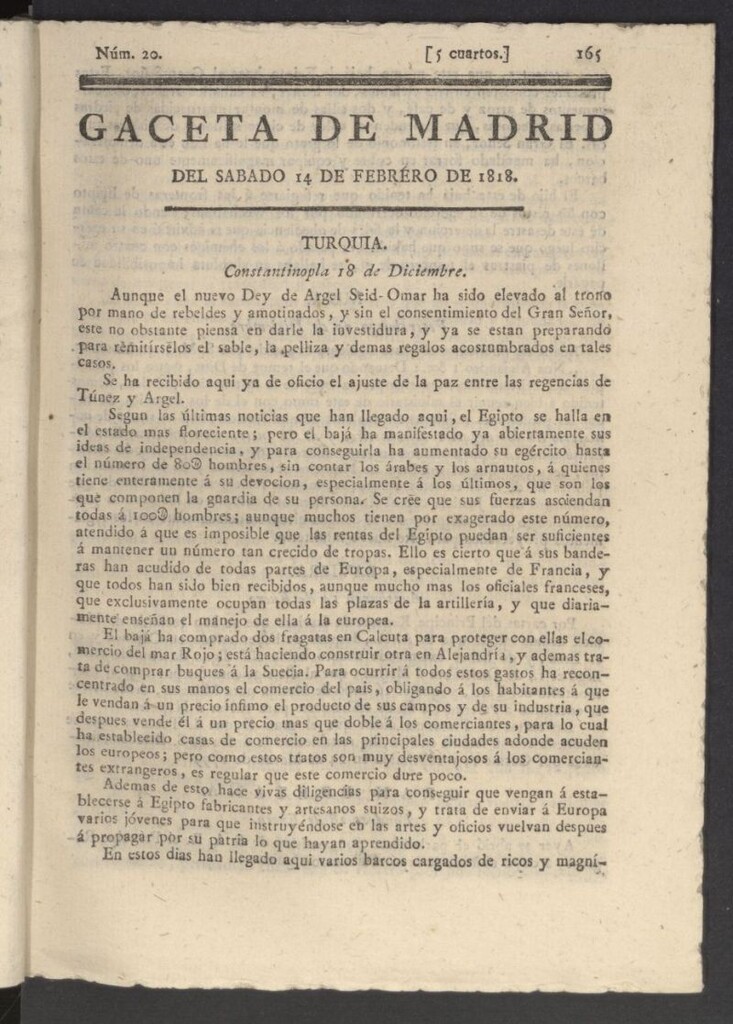 Miniatura de Gacetas de Madrid del 14 de febrero de 1818