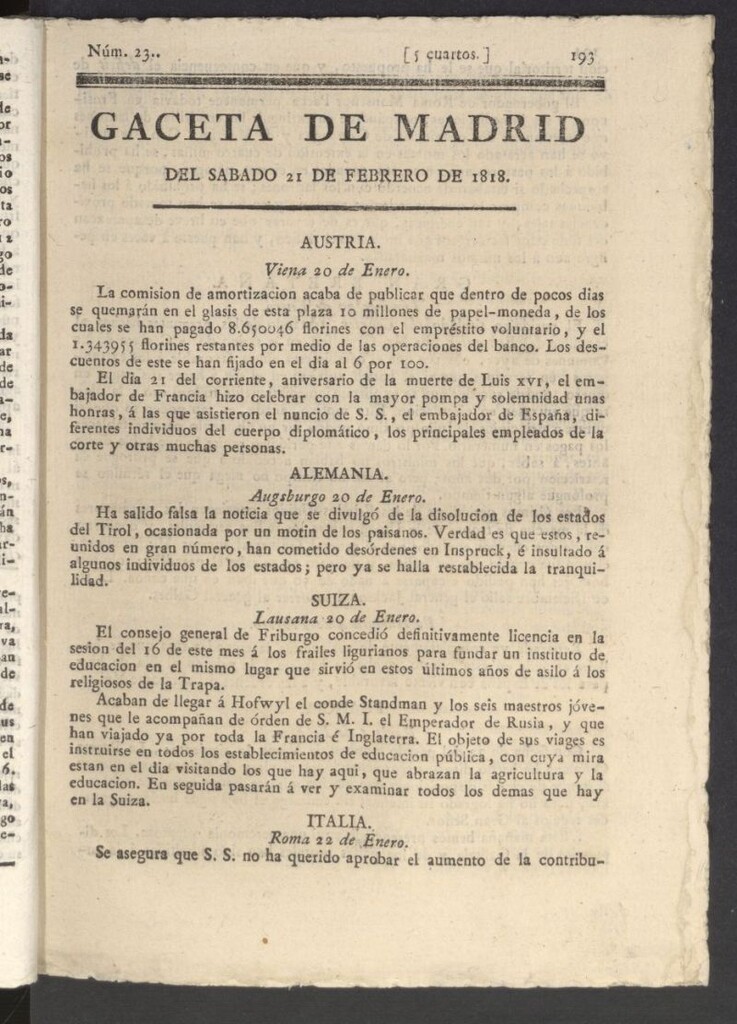 Miniatura de Gacetas de Madrid del 21 de febrero de 1818