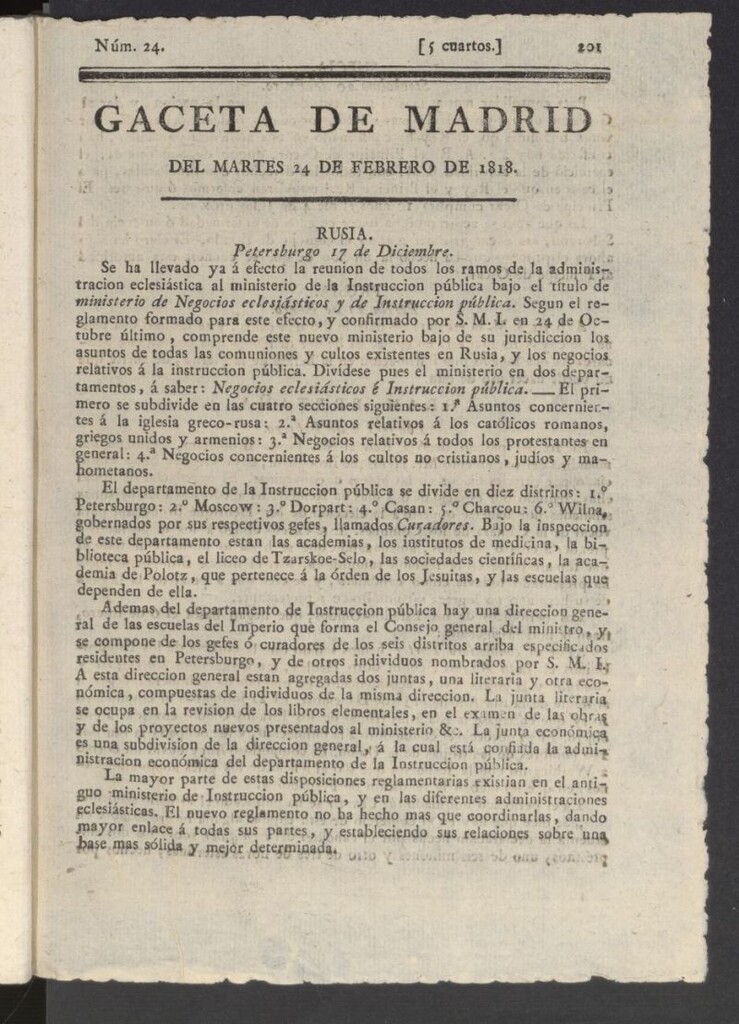 Miniatura de Gacetas de Madrid del 24 de febrero de 1818
