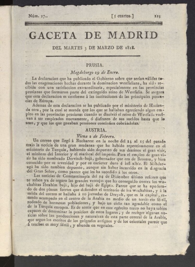 Miniatura de Gacetas de Madrid del 3 de marzo de 1818