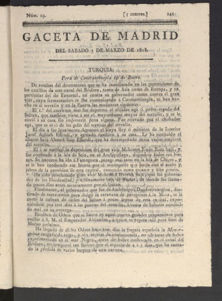 Miniatura de Gacetas de Madrid del 7 de marzo de 1818