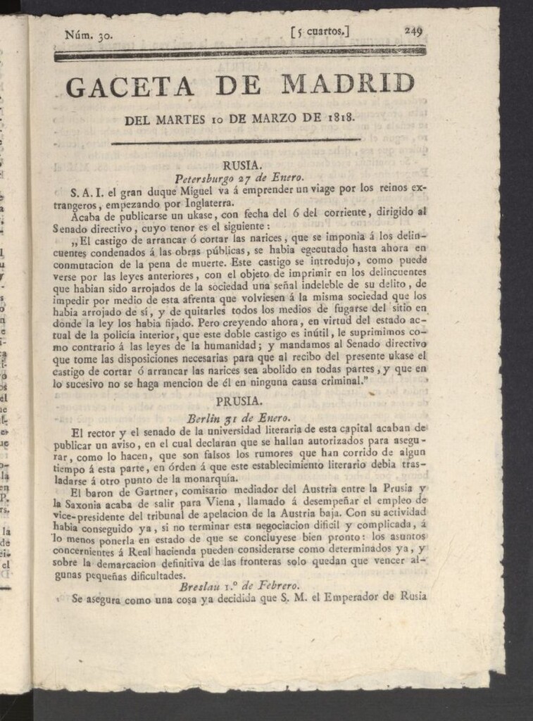 Miniatura de Gacetas de Madrid del 10 de marzo de 1818
