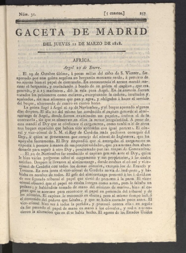 Miniatura de Gacetas de Madrid del 12 de marzo de 1818