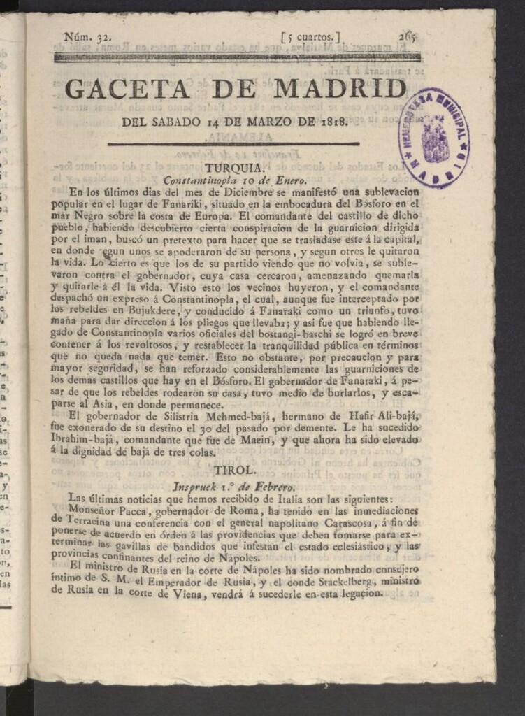 Miniatura de Gacetas de Madrid del 14 de marzo de 1818