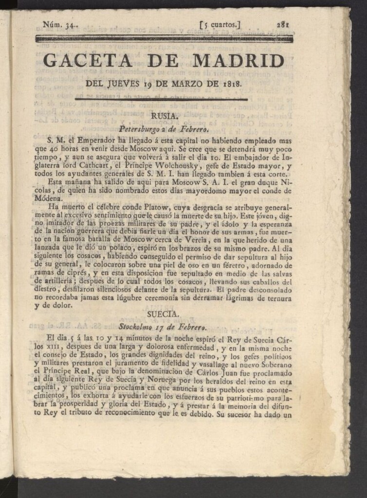Miniatura de Gacetas de Madrid del 19 de marzo de 1818