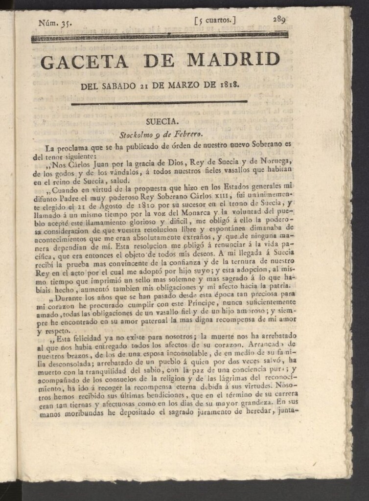 Miniatura de Gacetas de Madrid del 21 de marzo de 1818