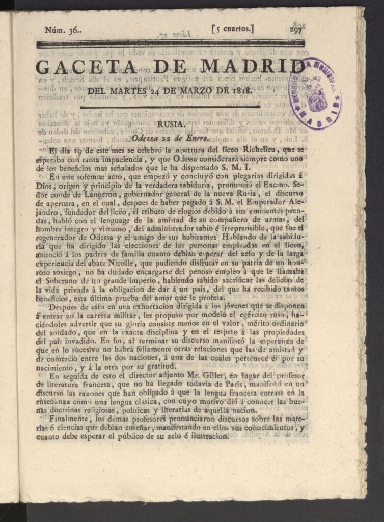 Miniatura de Gacetas de Madrid del 24 de marzo de 1818