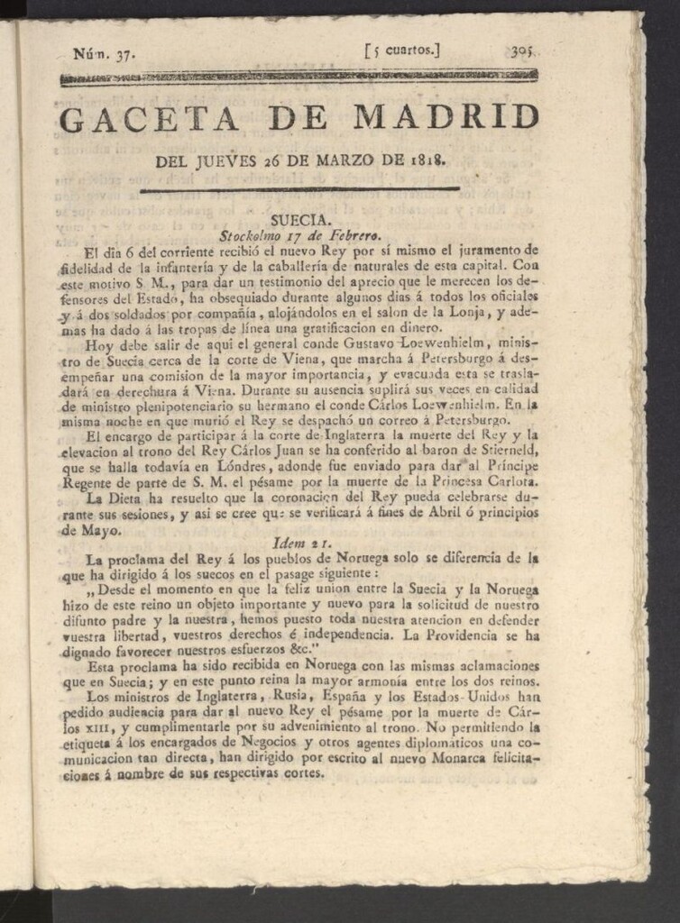 Miniatura de Gacetas de Madrid del 26 de marzo de 1818
