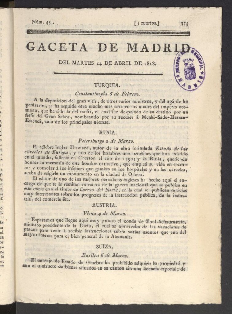 Miniatura de Gacetas de Madrid del 14 de abril de 1818