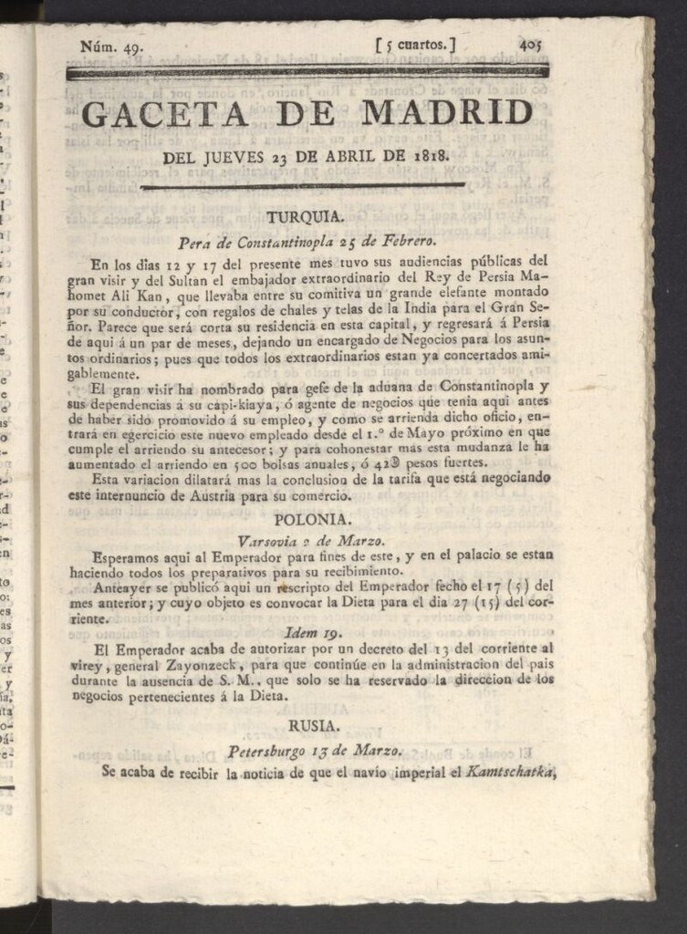 Miniatura de Gacetas de Madrid del 23 de abril de 1818