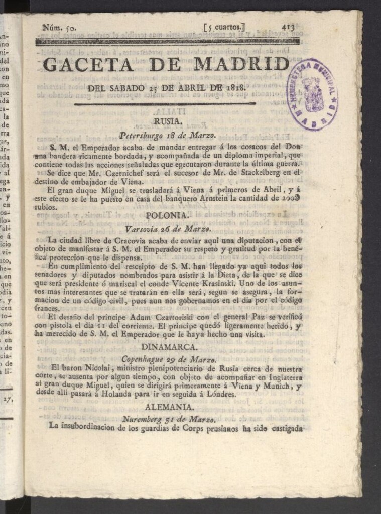Miniatura de Gacetas de Madrid del 25 de abril de 1818