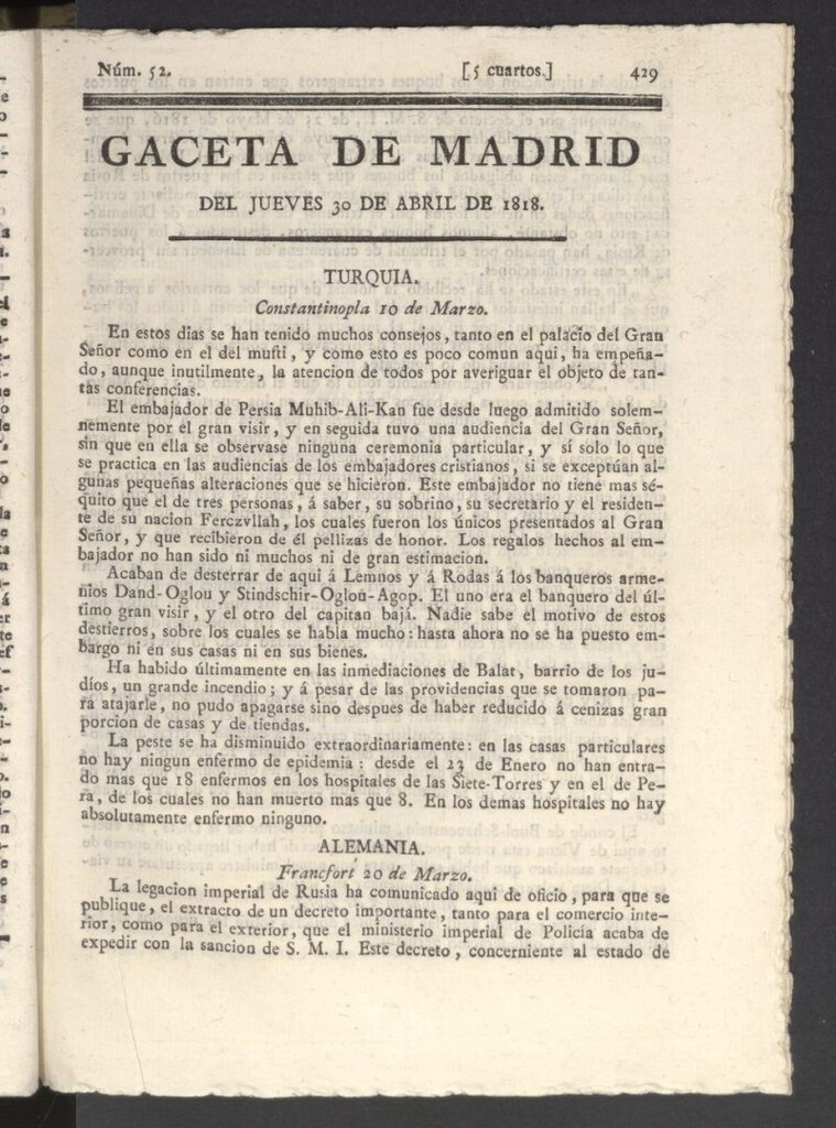 Miniatura de Gacetas de Madrid del 30 de abril de 1818