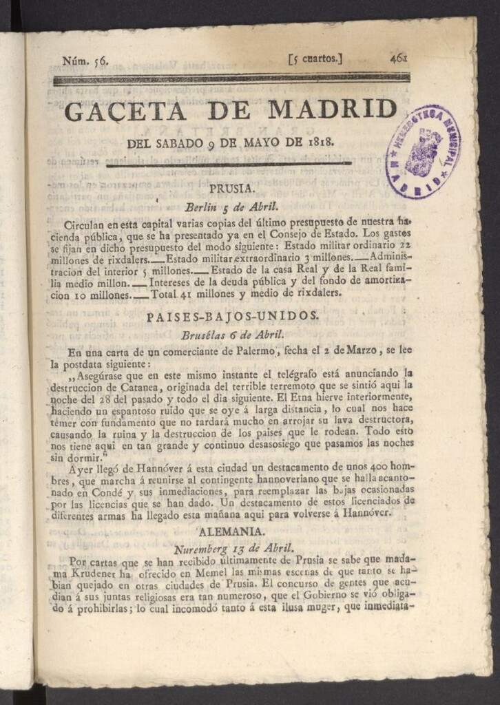 Miniatura de Gacetas de Madrid del 9 de mayo de 1818