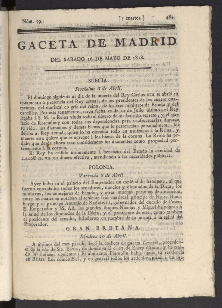 Miniatura de Gacetas de Madrid del 16 de mayo de 1818