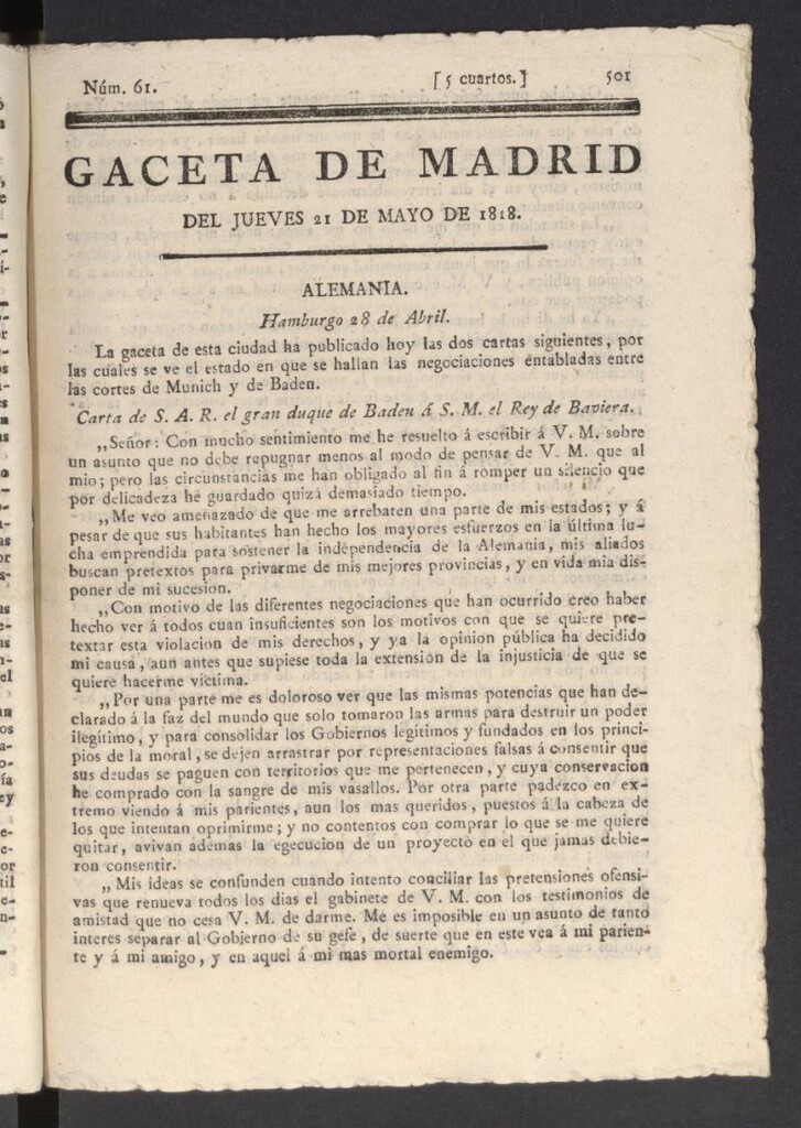 Miniatura de Gacetas de Madrid del 21 de mayo de 1818
