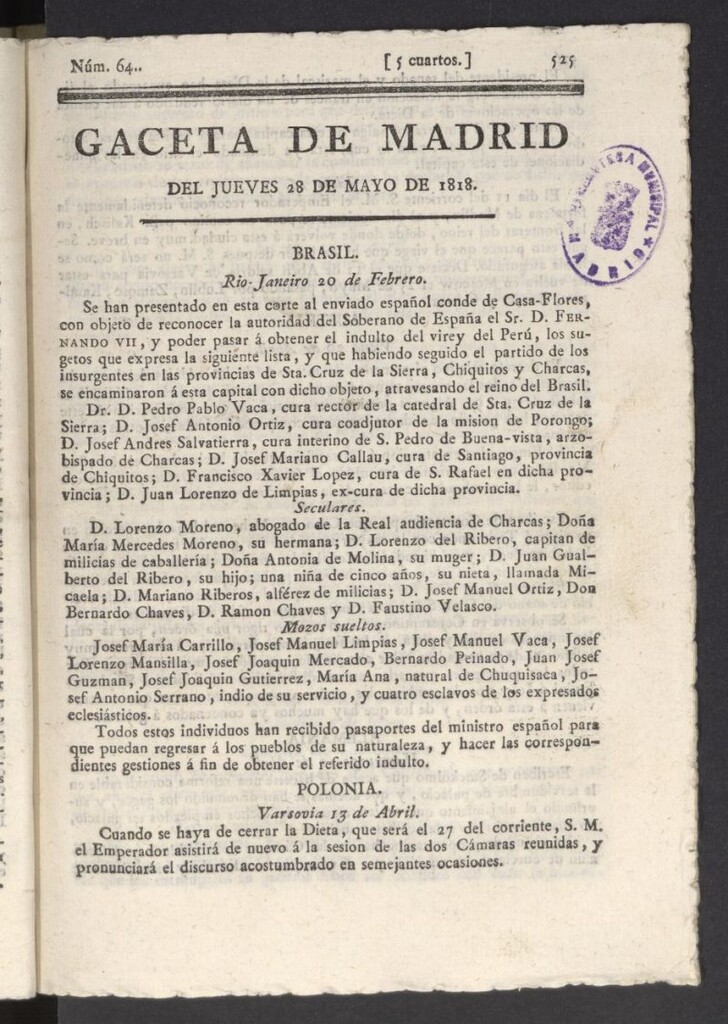 Miniatura de Gacetas de Madrid del 28 de mayo de 1818