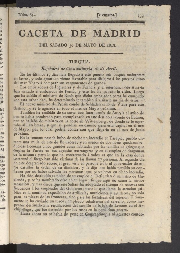 Miniatura de Gacetas de Madrid del 30 de mayo de 1818