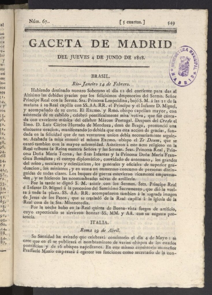 Miniatura de Gacetas de Madrid del 4 de junio de 1818