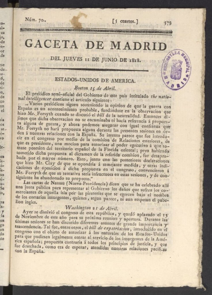 Miniatura de Gacetas de Madrid del 11 de junio de 1818