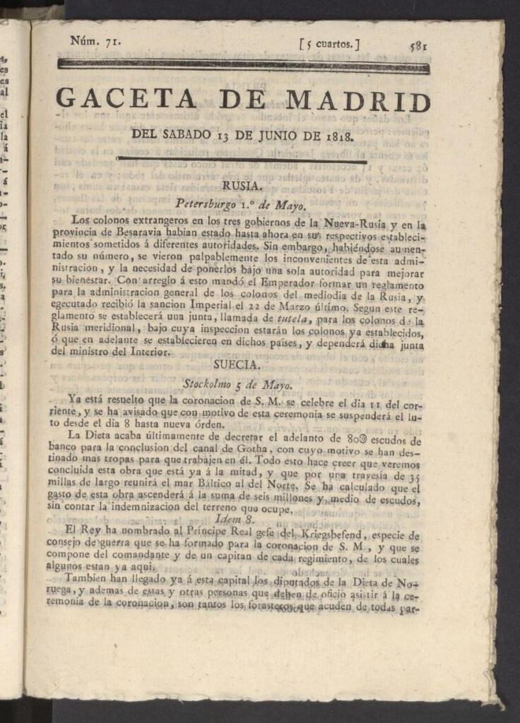 Miniatura de Gacetas de Madrid del 13 de junio de 1818