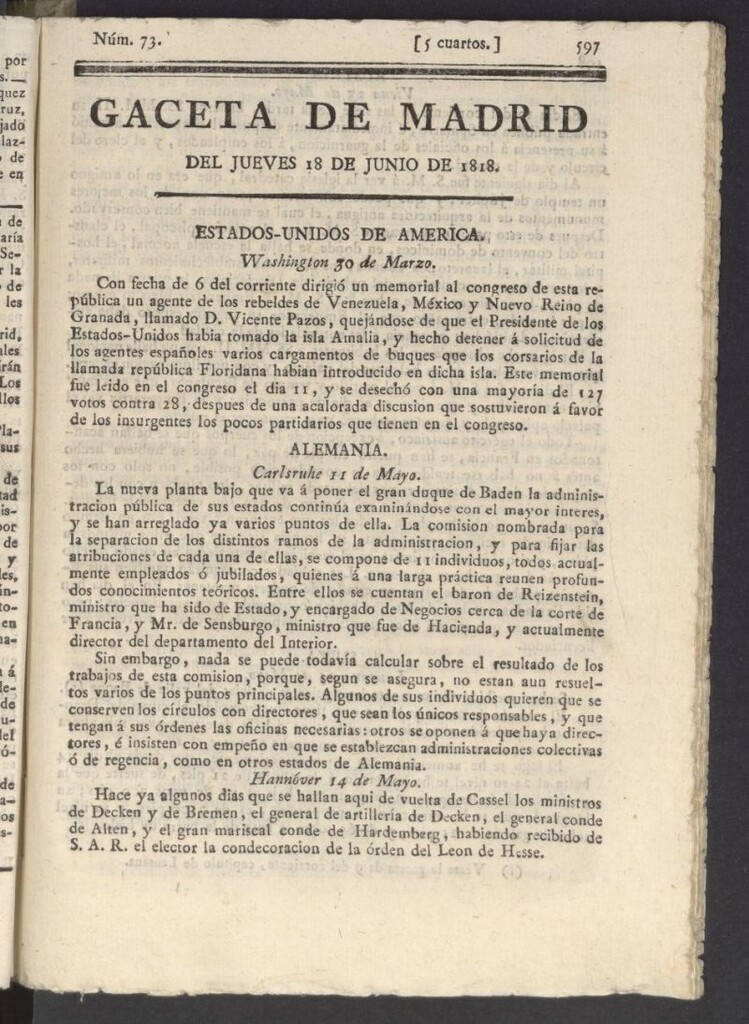 Miniatura de Gacetas de Madrid del 18 de junio de 1818