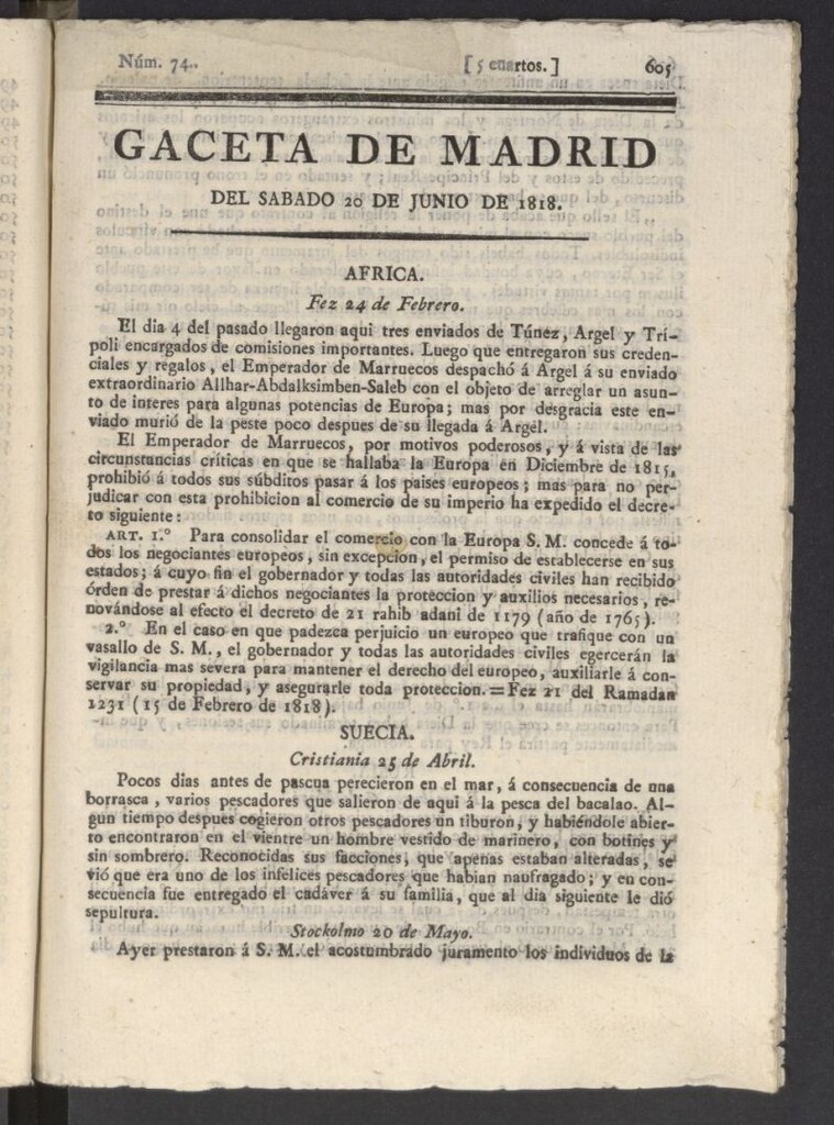 Miniatura de Gacetas de Madrid del 20 de junio de 1818