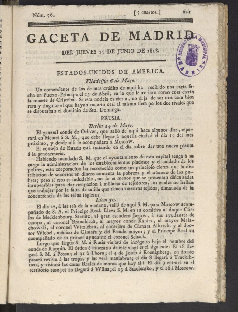 Miniatura de Gacetas de Madrid del 25 de junio de 1818